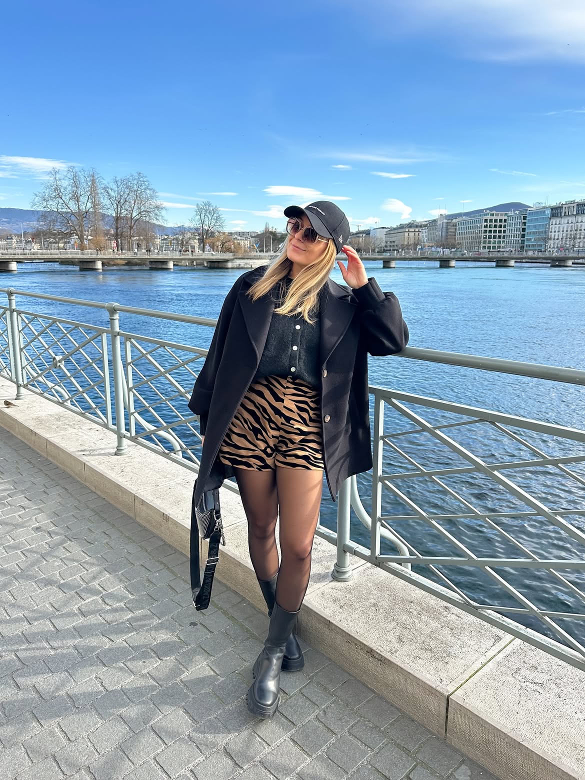 Black Coat And Zebra Print Skirt Winter Look