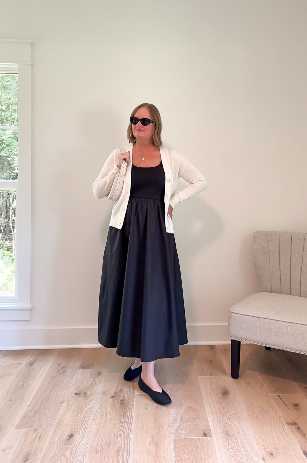 Black Tank Dress With Cream Cardigan Black Tank Dress With Cream Cardigan — Black Dress Outfits