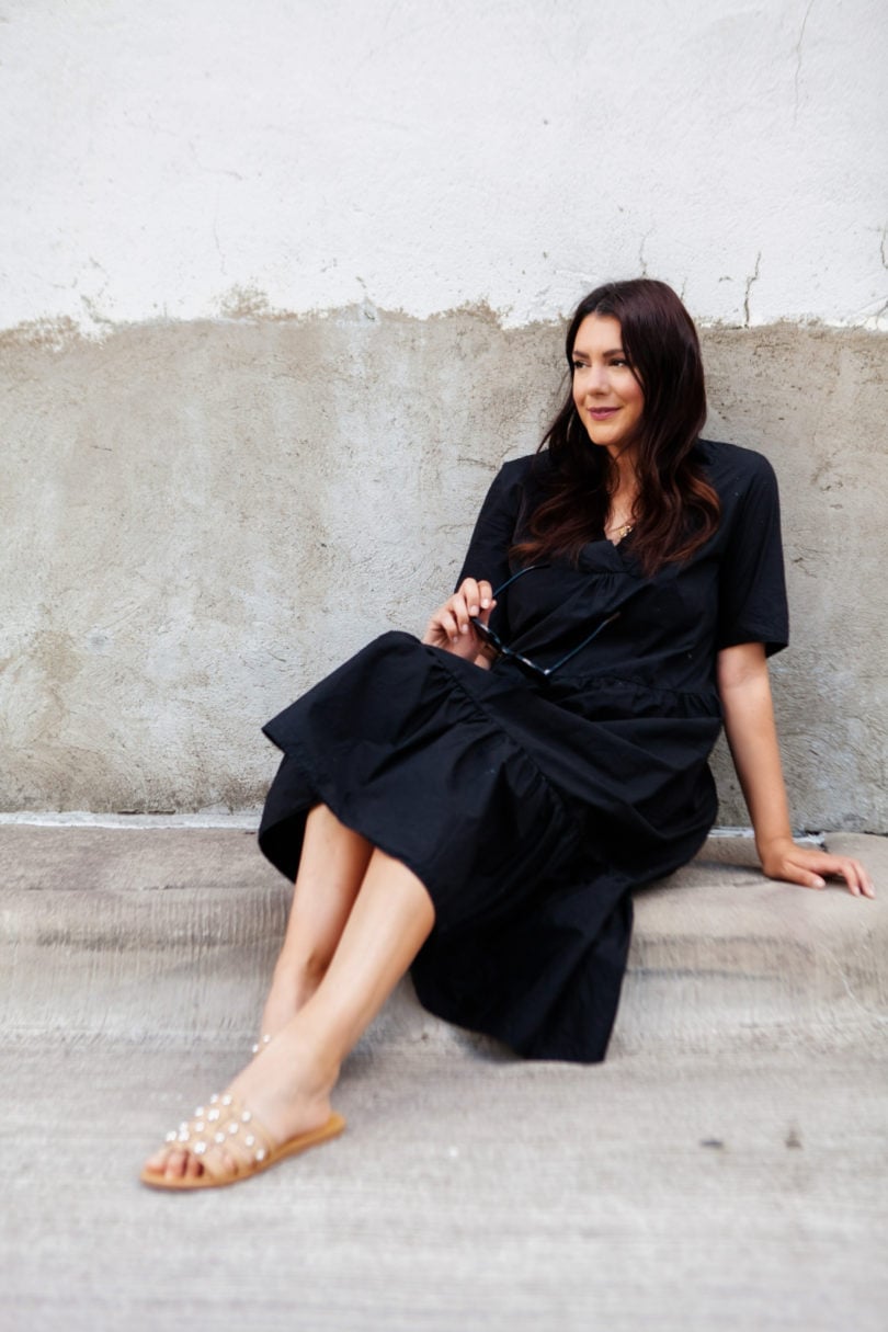 Tiered Black Midi Dress With Pearl Sandals Tiered Black Midi Dress With Pearl Sandals — Black Dress Outfits