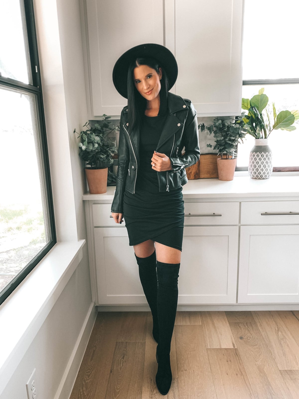 Ruched Black Dress With Leather Moto Jacket Ruched Black Dress With Leather Moto Jacket — Black Dress Outfits
