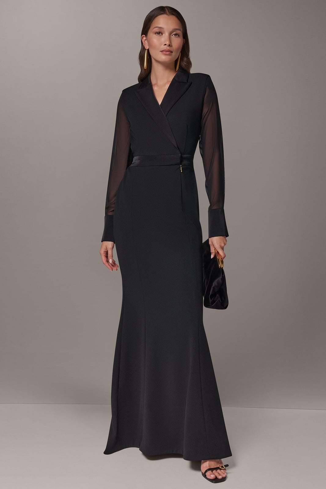 Tailored Black Maxi Dress With Sheer Sleeves Tailored Black Maxi Dress With Sheer Sleeves — Black Dress Outfits