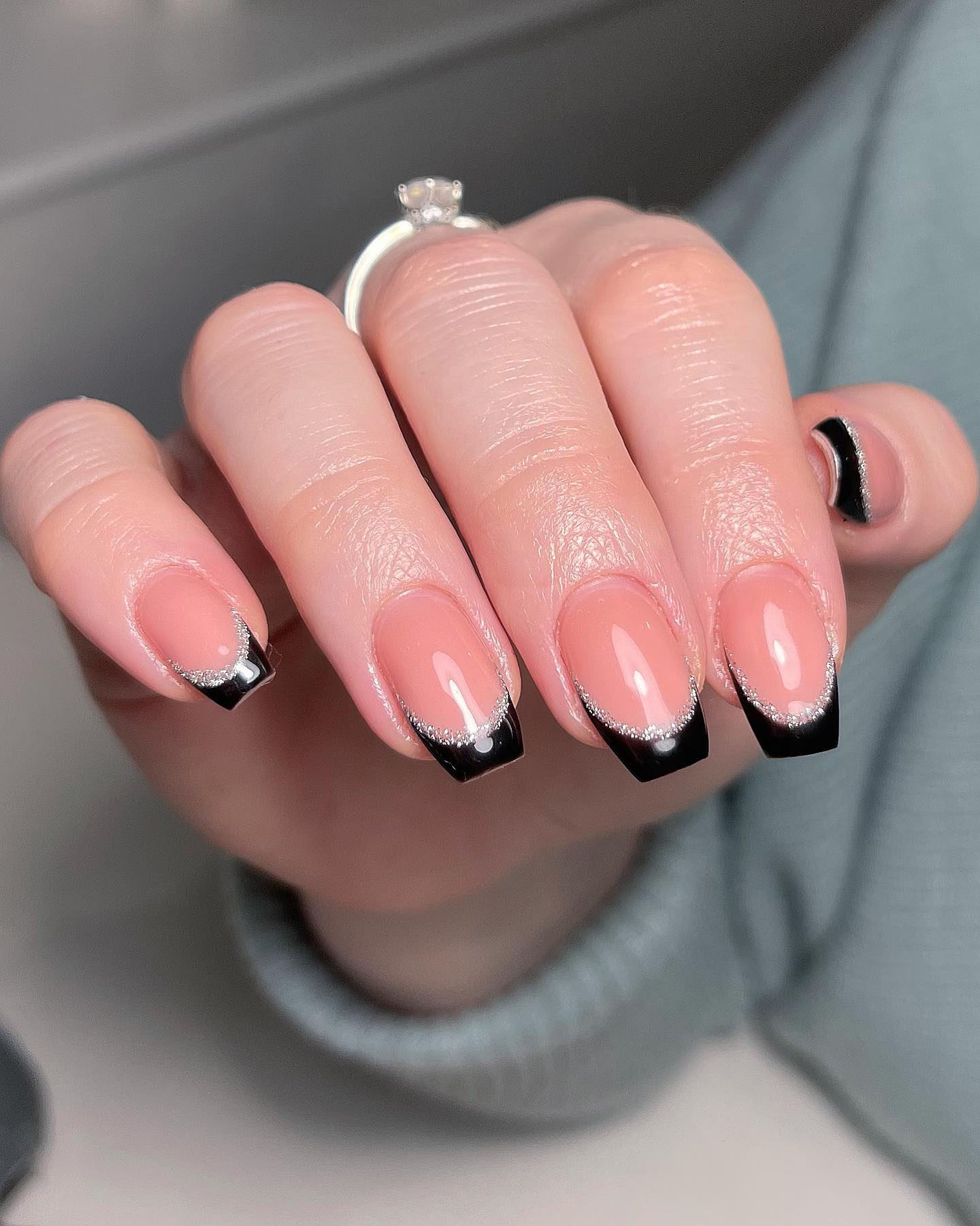 Black French Tips with Silver Glitter Accent