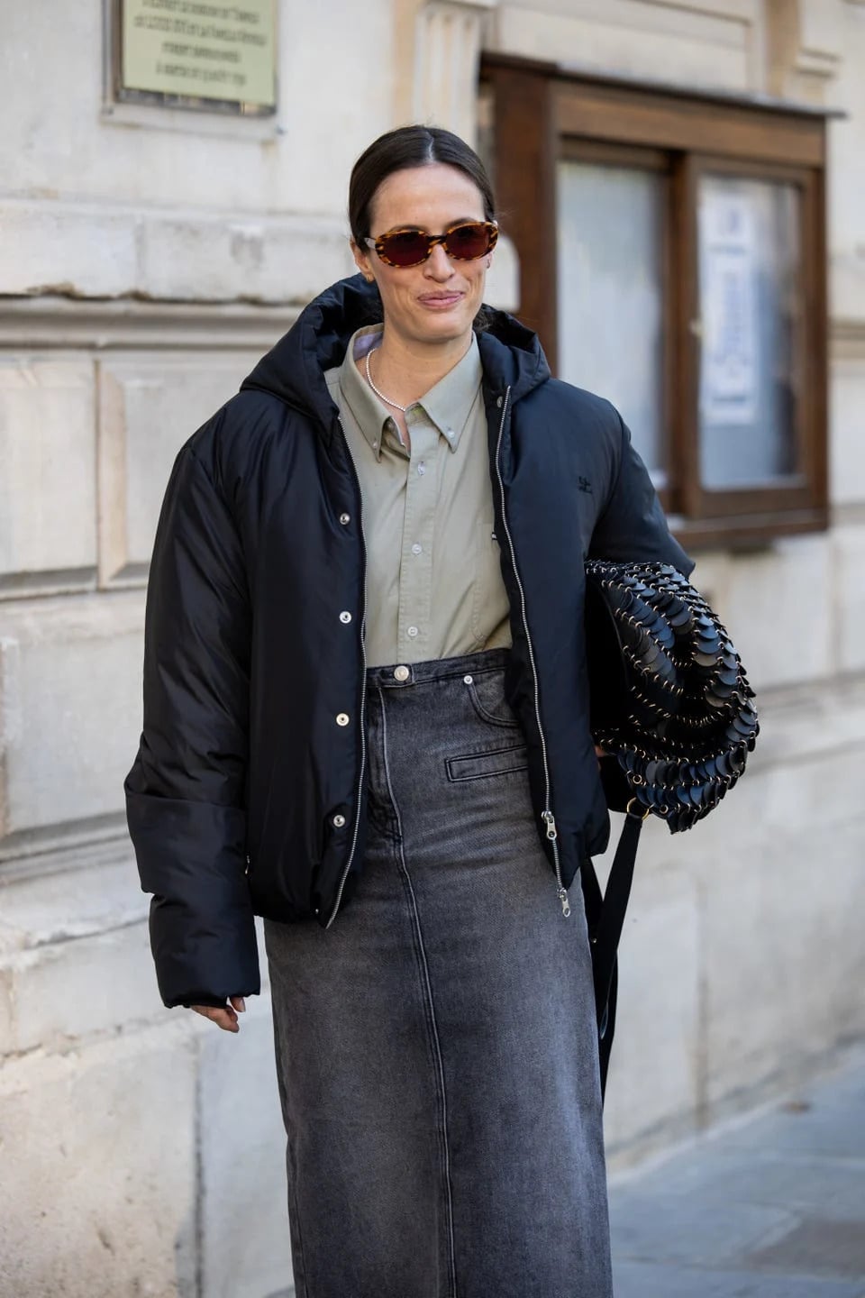Black Puffer Jacket With Midi Skirt Black Puffer Jacket With Midi Skirt — Black Jacket Outfit