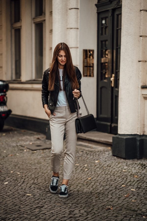 Black Leather Jacket With Tapered Trousers Black Leather Jacket With Tapered Trousers — Black Jacket Outfit