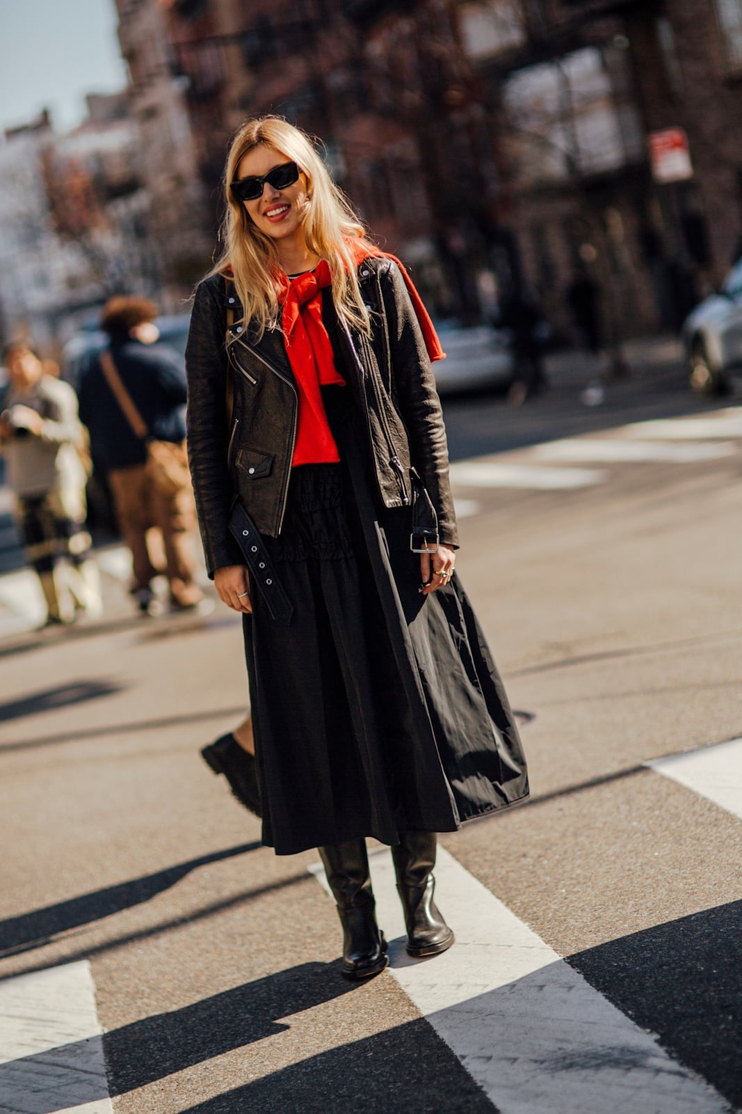 Black Leather Jacket With Red Top And A-Line Skirt Black Leather Jacket With Red Top And A-Line Skirt — Black Jacket Outfit
