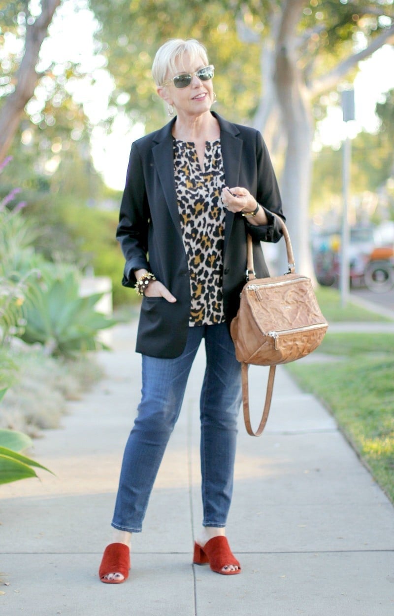 Black Blazer Over Leopard Print Blouse Black Blazer Over Leopard Print Blouse — Black Jacket Outfit