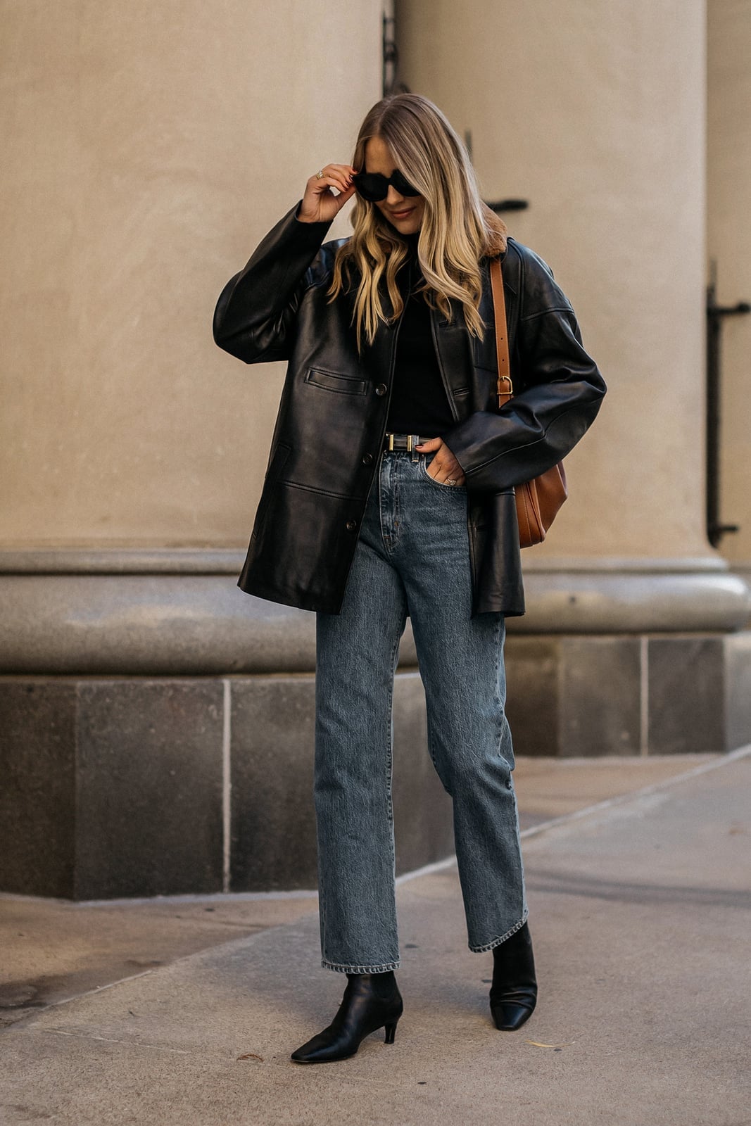 Casual Black Leather Jacket With Straight Leg Jeans Casual Black Leather Jacket With Straight Leg Jeans — Black Jacket Outfit