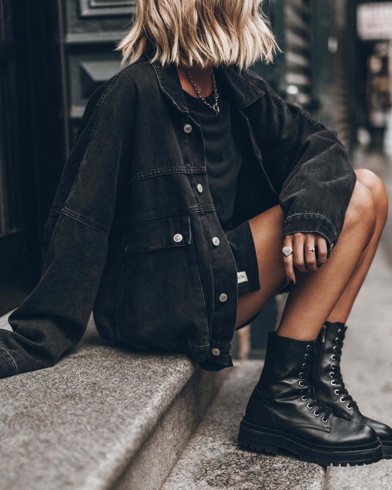Oversized Black Denim Jacket With T-Shirt and Shorts Oversized Black Denim Jacket With T-Shirt and Shorts — Black Jean Jacket Outfit