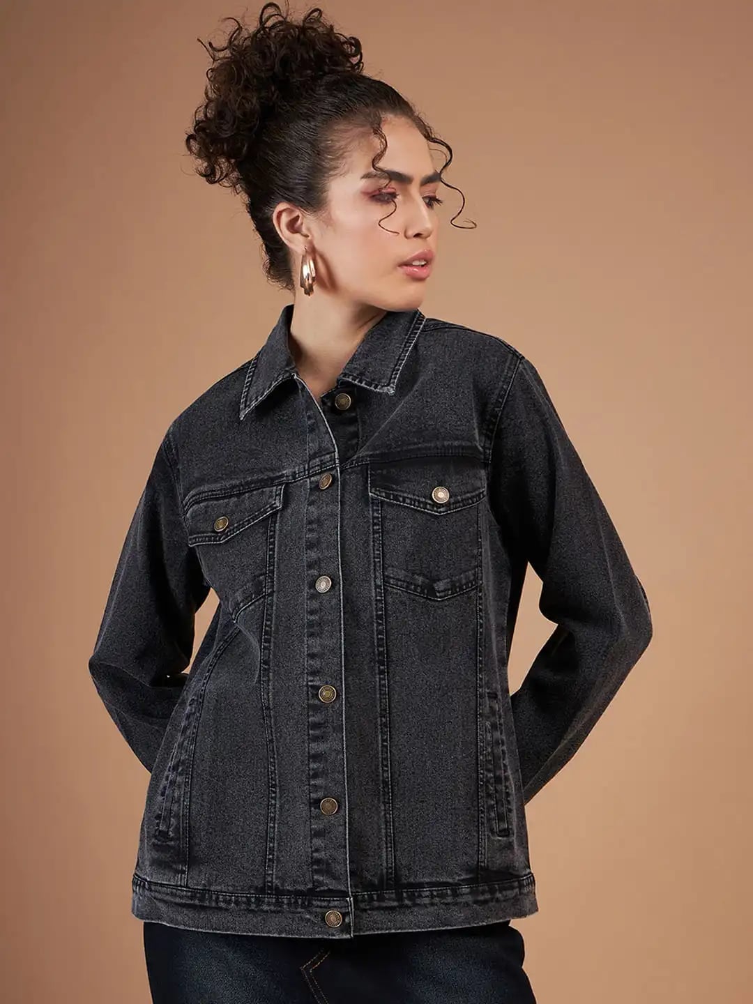 Dark Gray Denim Jacket With Gold Buttons Dark Gray Denim Jacket With Gold Buttons — Black Jean Jacket Outfit