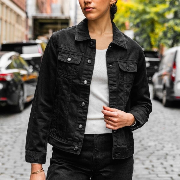 Fitted Black Denim Jacket With White Tank Fitted Black Denim Jacket With White Tank — Black Jean Jacket Outfit