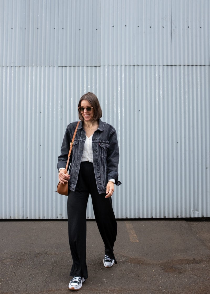 Distressed Gray Denim Jacket With Wide-Leg Pants Distressed Gray Denim Jacket With Wide-Leg Pants — Black Jean Jacket Outfit