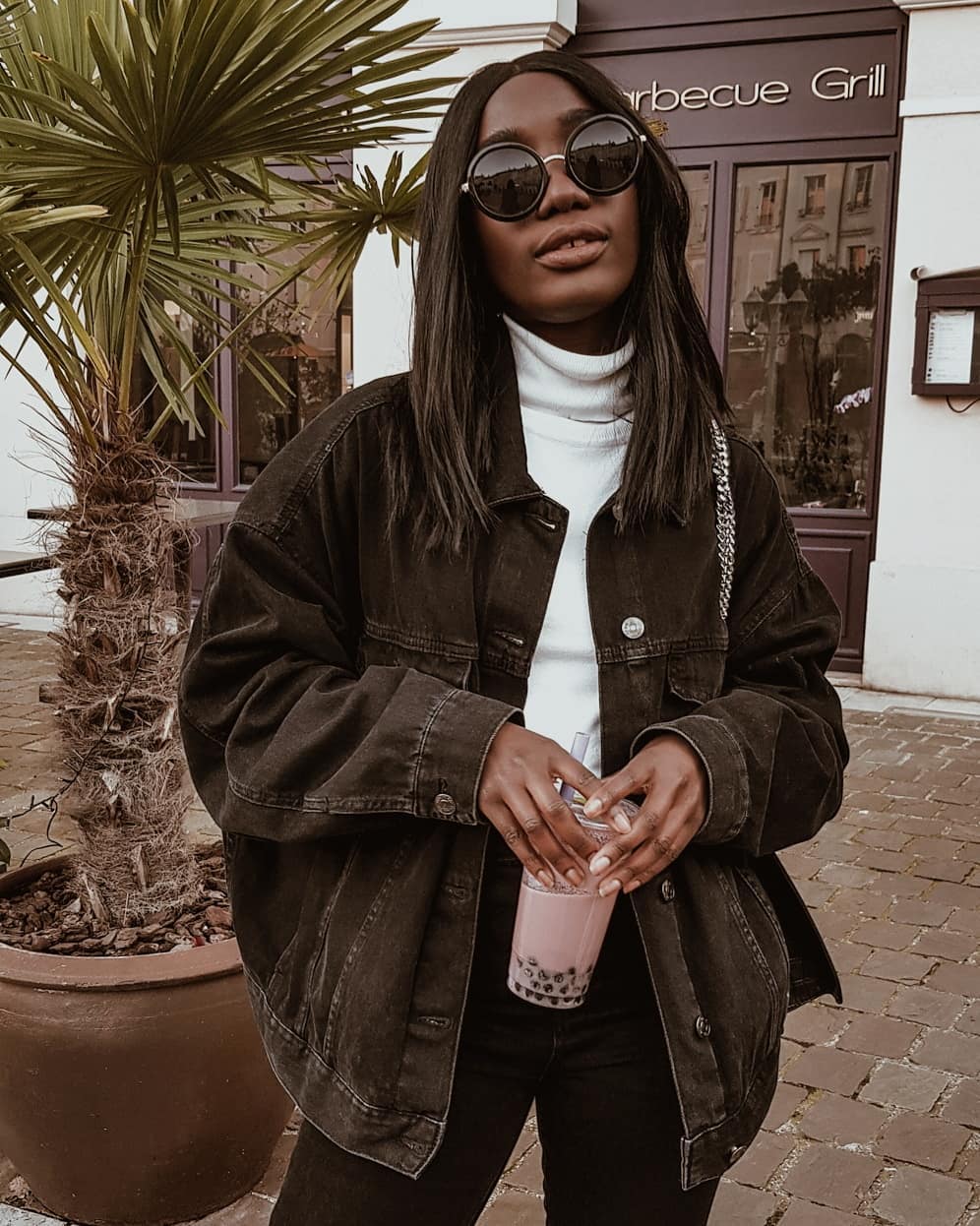 Black Denim Jacket Over White Turtleneck Black Denim Jacket Over White Turtleneck — Black Jean Jacket Outfit