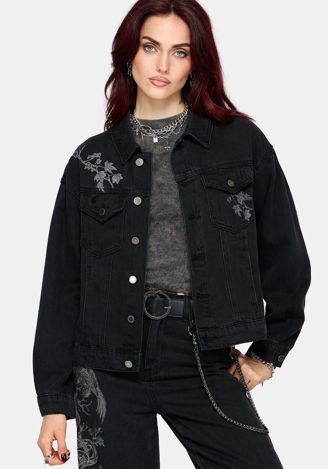 Embroidered Black Denim Jacket With Patterned Top Embroidered Black Denim Jacket With Patterned Top — Black Jean Jacket Outfit