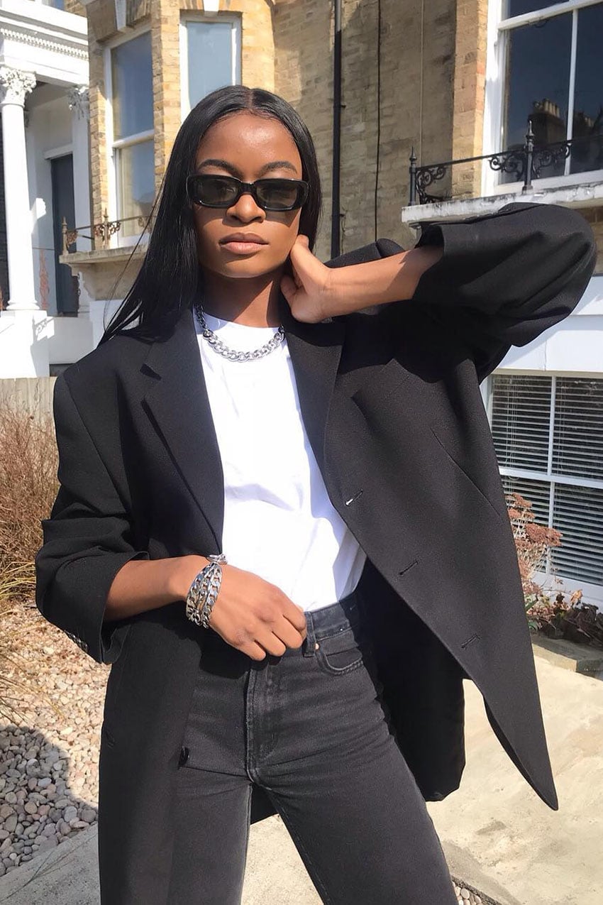 Black Straight Leg Jeans With An Oversized Blazer, Denim Black Straight Leg Jeans With An Oversized Blazer, Denim — Black Jeans Outfits