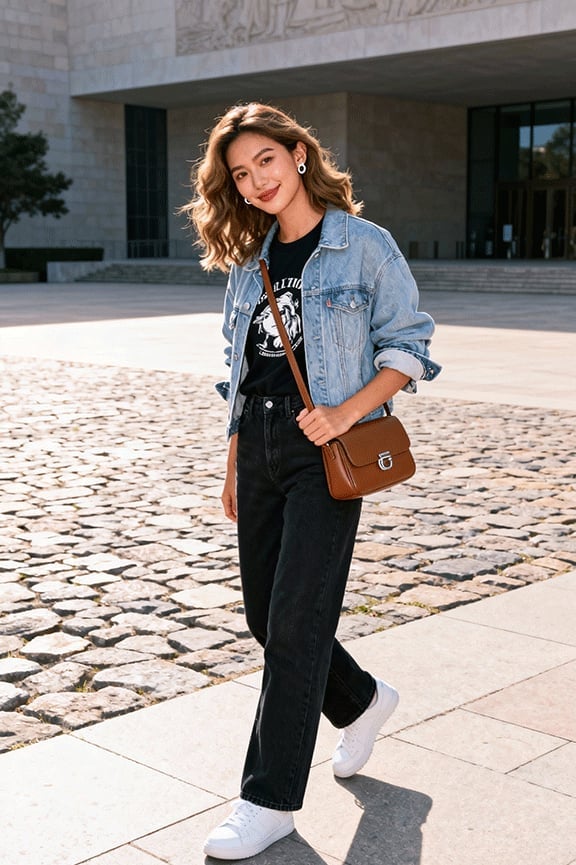 Black Wide Leg Jeans With Graphic Tee And Denim Jacket Black Wide Leg Jeans With Graphic Tee And Denim Jacket — Black Jeans Outfits