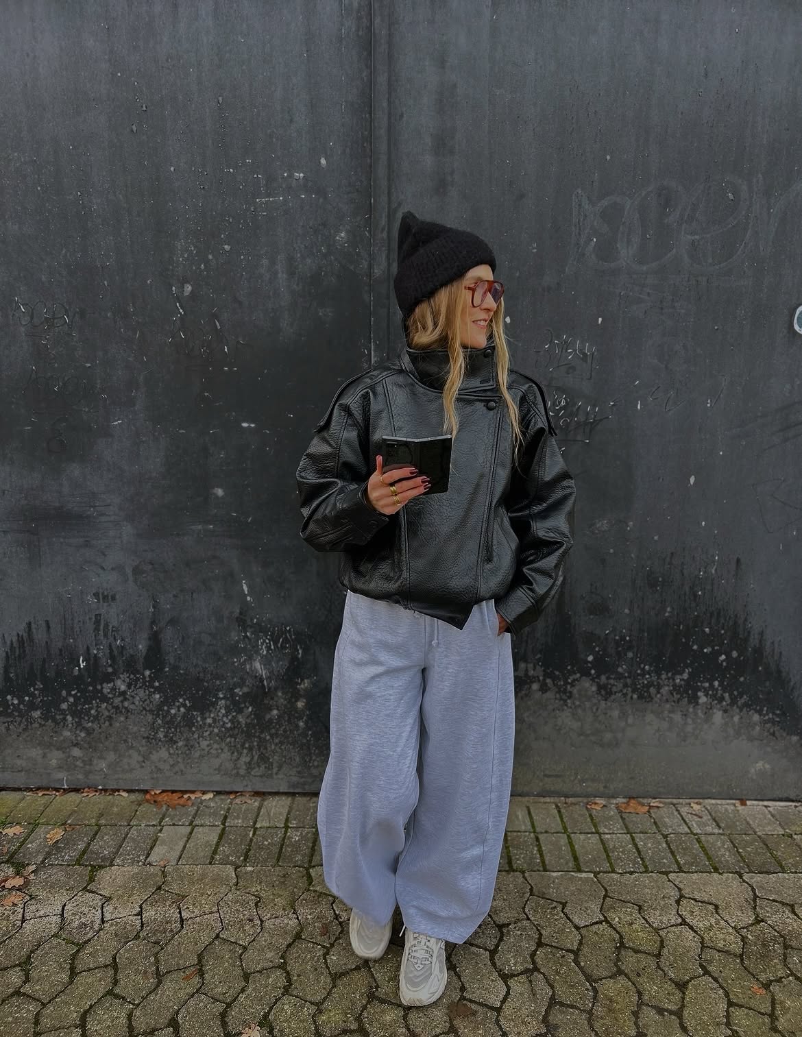 Black Leather Moto Jacket With Grey Sweatpants