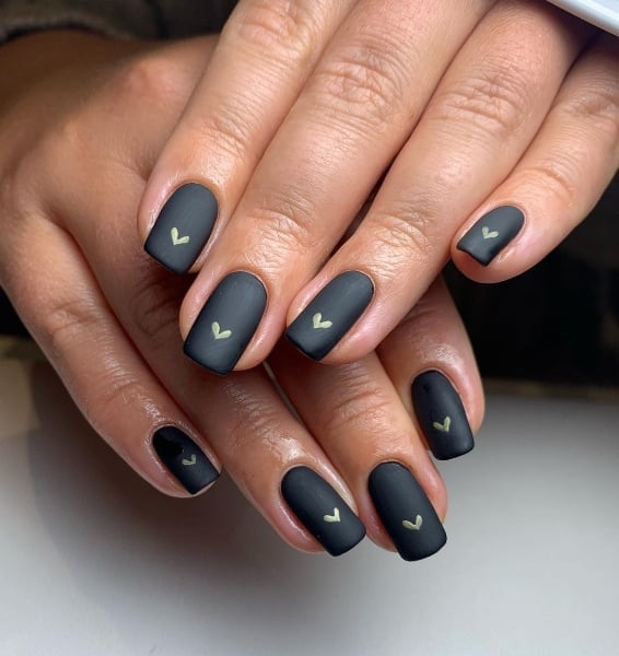 Medium Soft Square Matte Black With Gold Hearts Medium Soft Square Matte Black With Gold Hearts — Black Nails