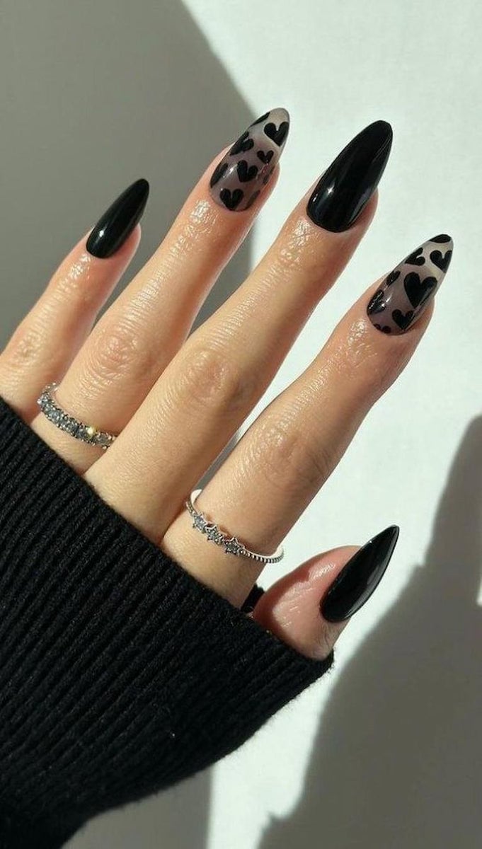 Long Almond Glossy Black With Heart Shapes Long Almond Glossy Black With Heart Shapes — Black Nails