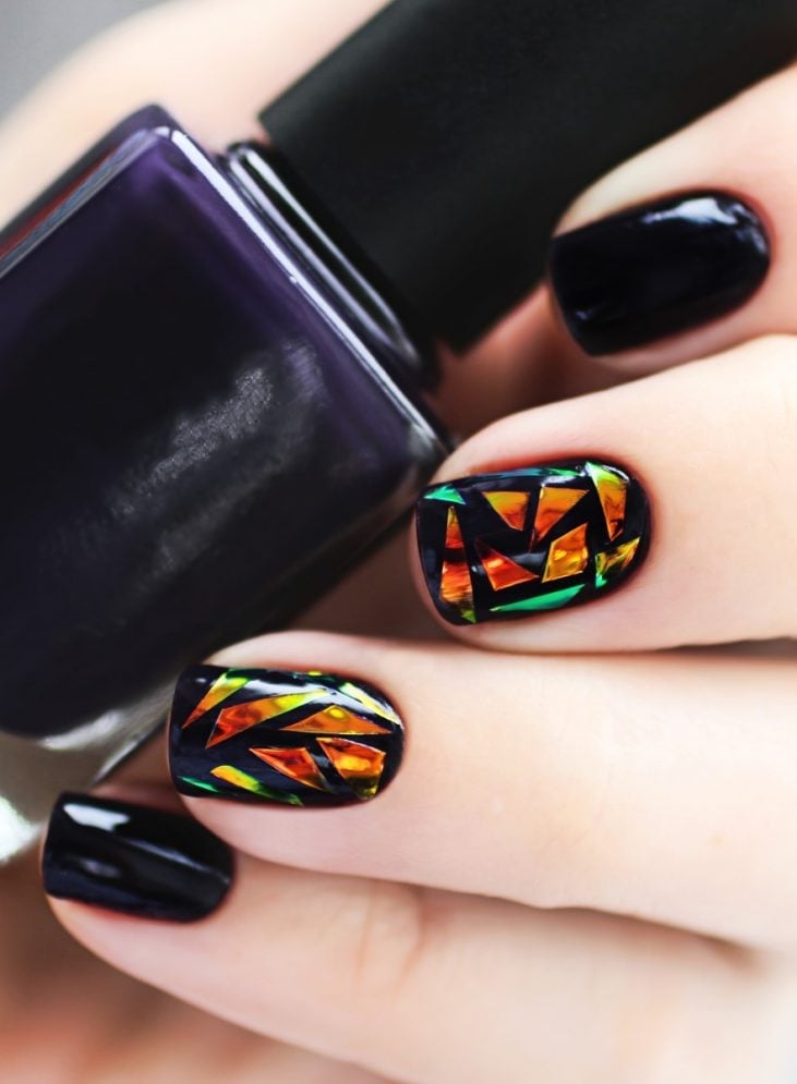 Short Square Black With Iridescent Foil Fragments Short Square Black With Iridescent Foil Fragments — Black Nails