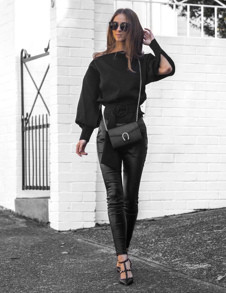Edgy cut-out top with leather pants and studded heels Edgy cut-out top with leather pants and studded heels — Black Outfits