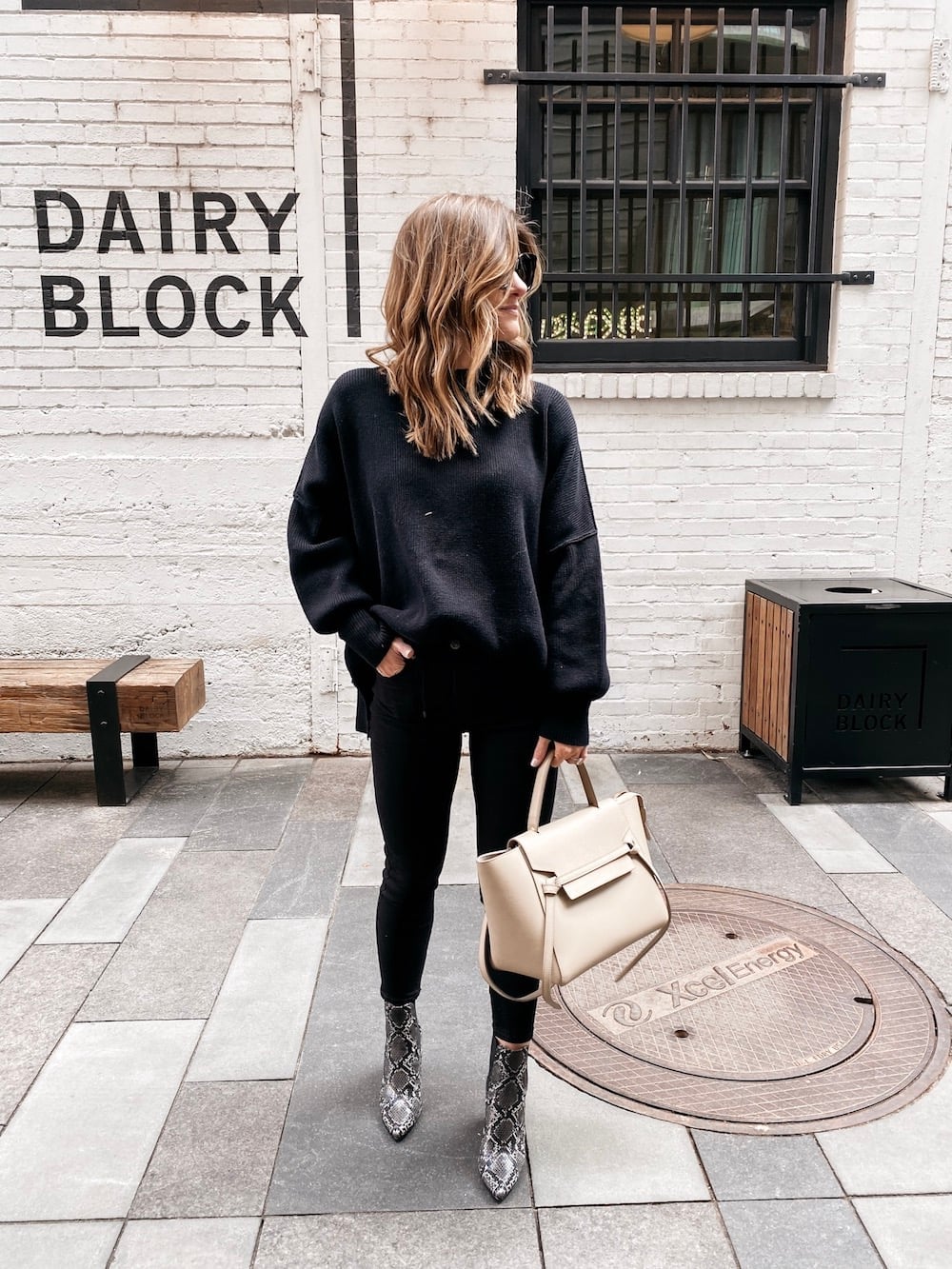 Cozy knit sweater with fitted jeans and snakeskin heels Cozy knit sweater with fitted jeans and snakeskin heels — Black Outfits