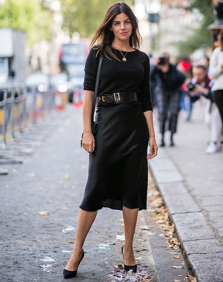 Crewneck sweater and slip skirt with statement belt Crewneck sweater and slip skirt with statement belt — Black Outfits