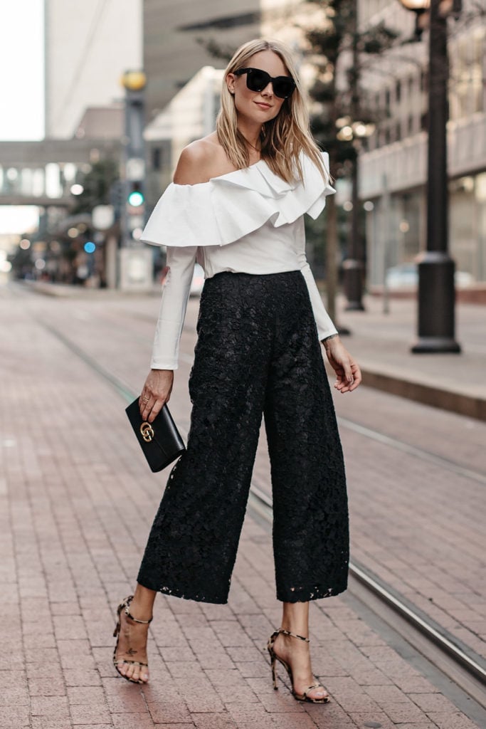 Black lace culottes with off-the-shoulder top Black lace culottes with off-the-shoulder top — Black Pants Outfits