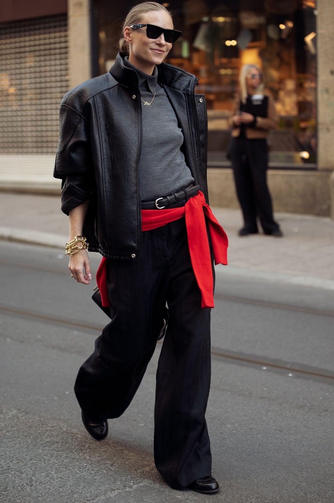 Black wide leg pants with leather jacket Black wide leg pants with leather jacket — Black Pants Outfits