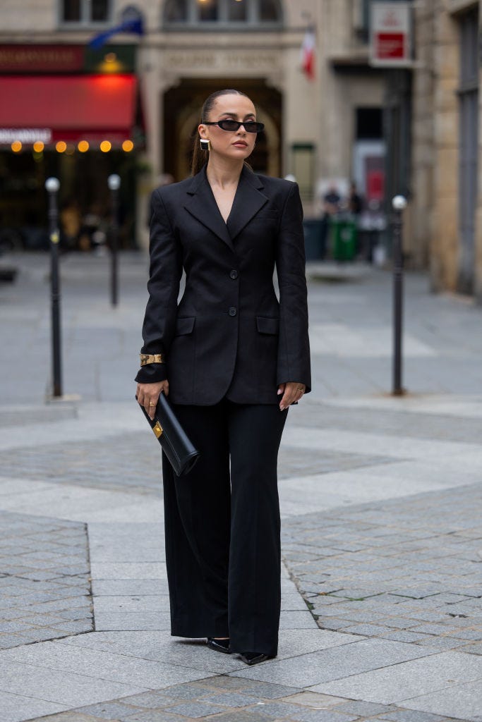 Black wide leg trousers in a sharp suit Black wide leg trousers in a sharp suit — Black Pants Outfits