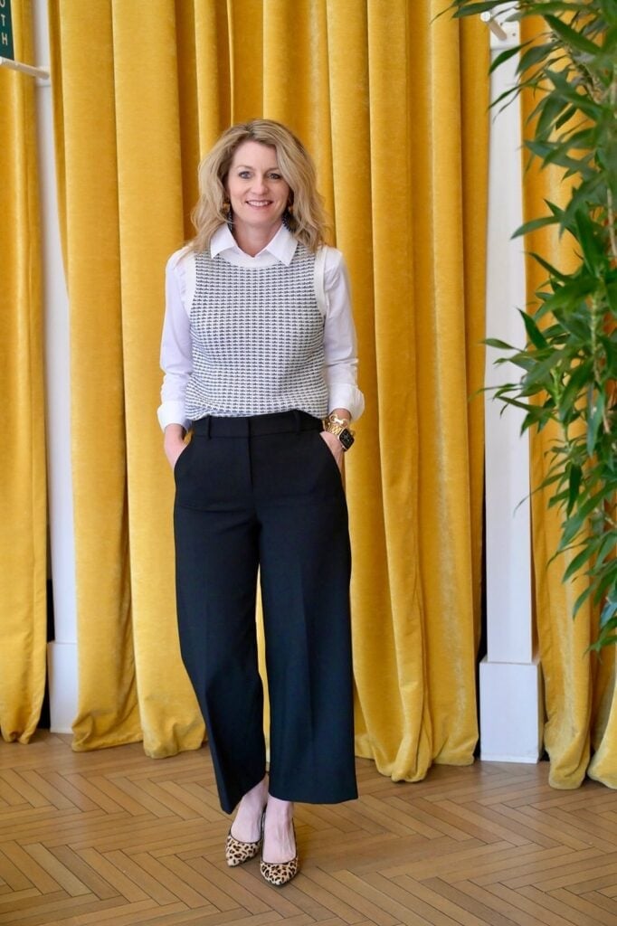 Black wide leg cropped trousers with knit vest Black wide leg cropped trousers with knit vest — Black Pants Outfits