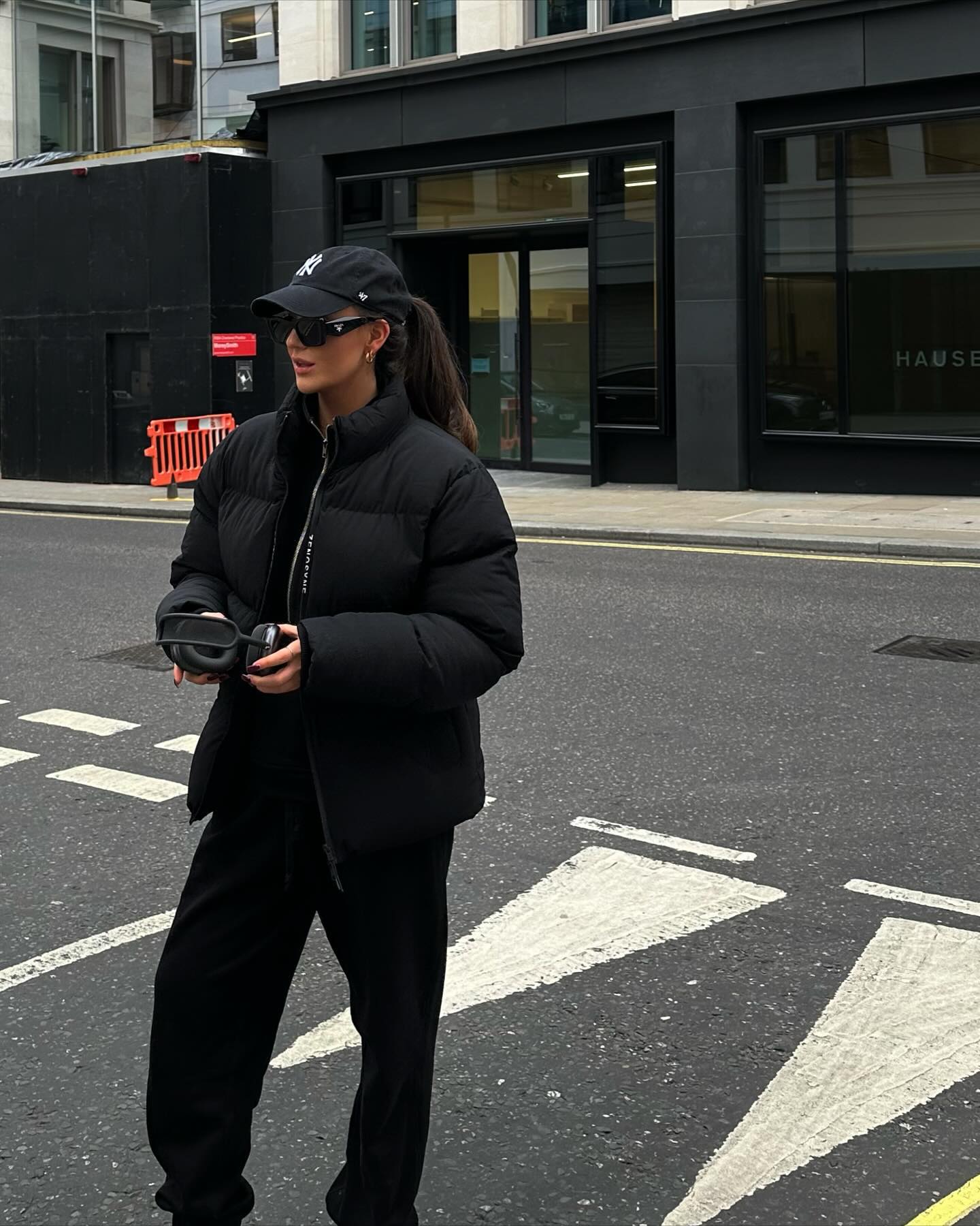 Black Puffer Jacket With Matching Joggers Street Style