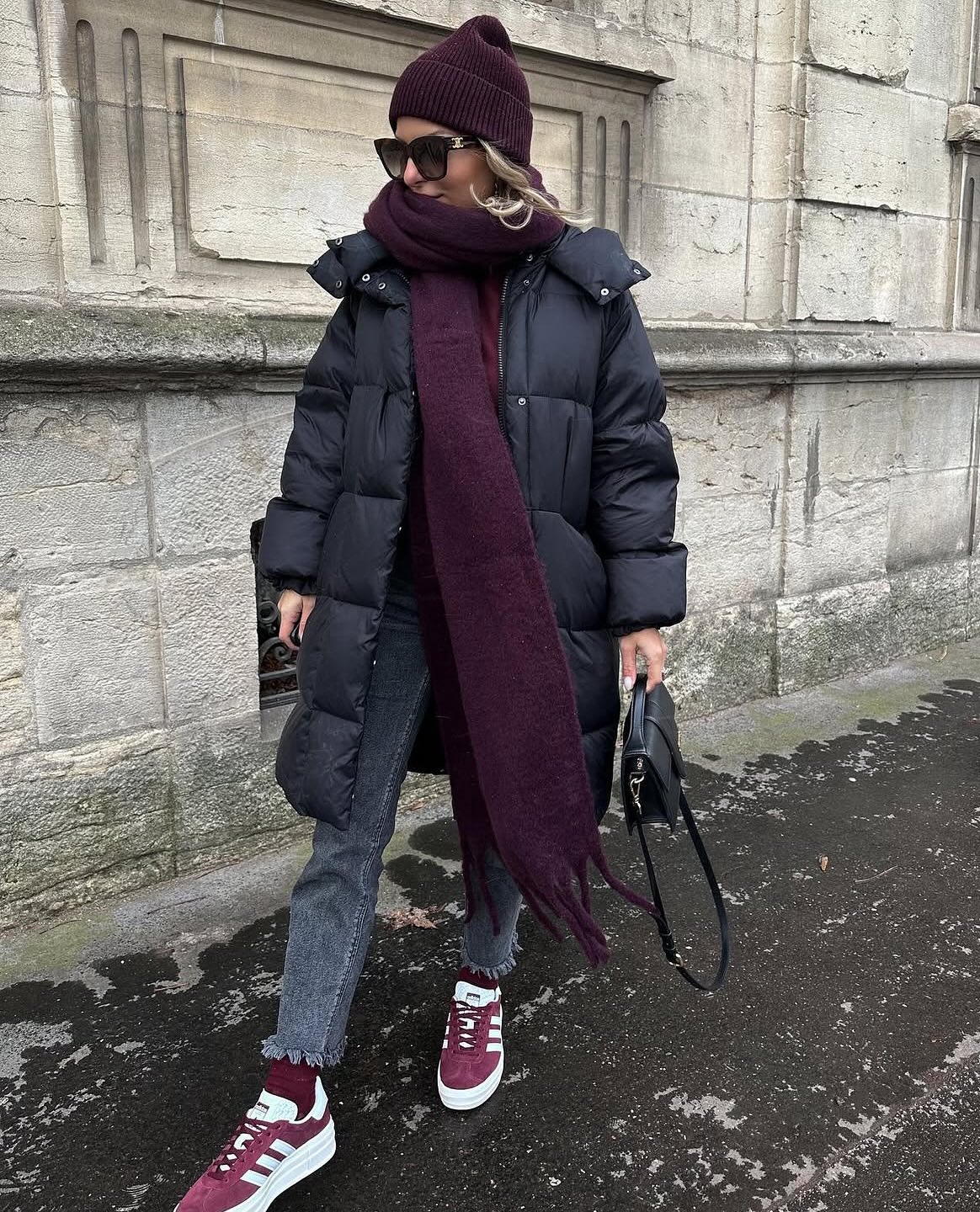 Black Puffer With Burgundy Accents Cozy Street Style