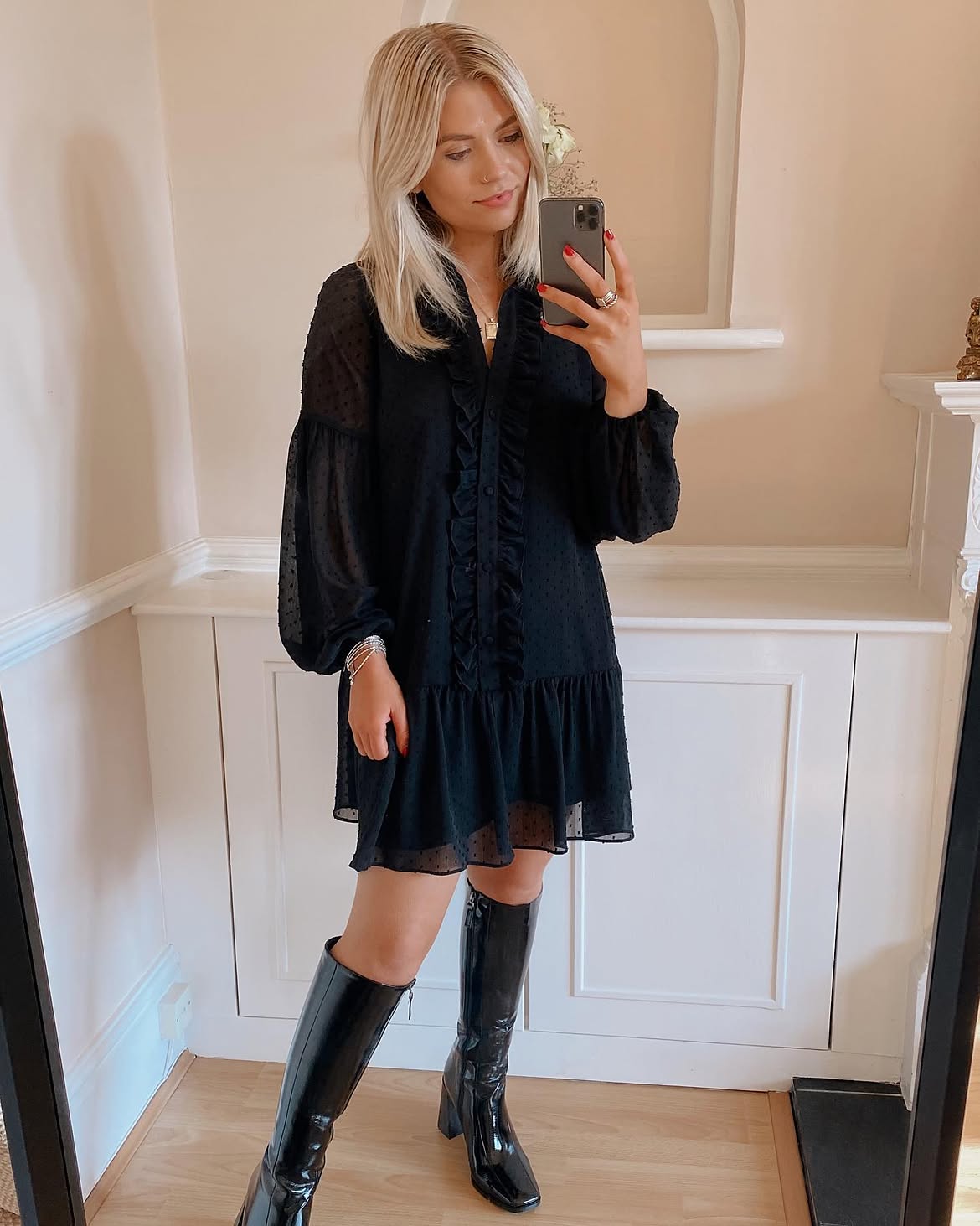 Black Ruffled Mini Dress With Patent Knee High Boots