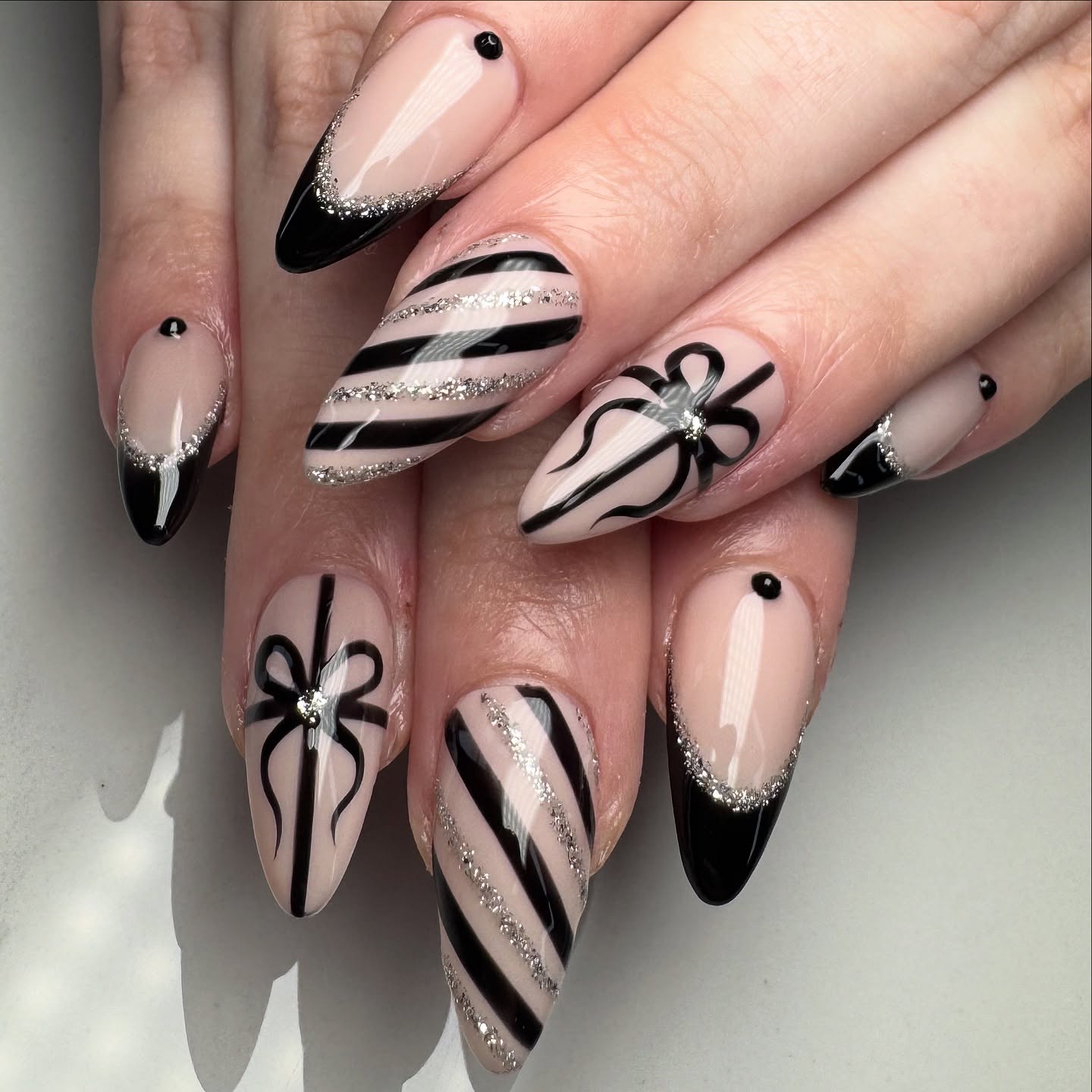 Black & Silver Gift Wrapped French Tips