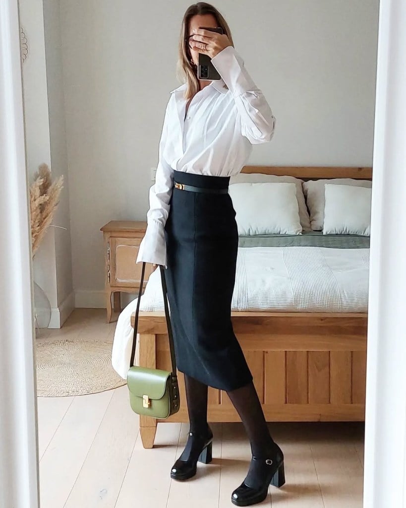 Black Pencil Skirt With White Button-Down And Green Handbag Black Pencil Skirt With White Button-Down And Green Handbag — Black Skirt Outfit