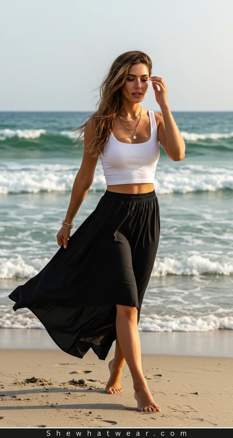 Black Flowy Maxi Skirt With White Crop Top Black Flowy Maxi Skirt With White Crop Top — Black Skirt Outfit