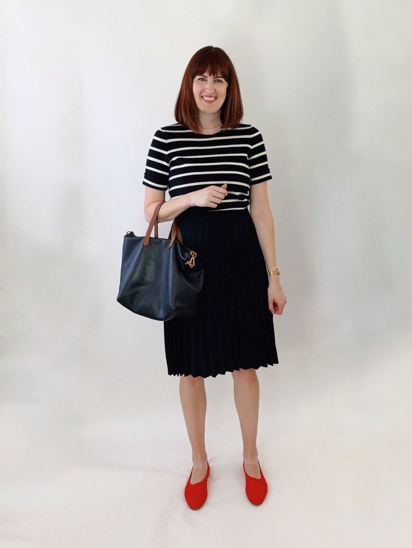 Black Pleated Skirt With Striped Top And Red Flats Black Pleated Skirt With Striped Top And Red Flats — Black Skirt Outfit