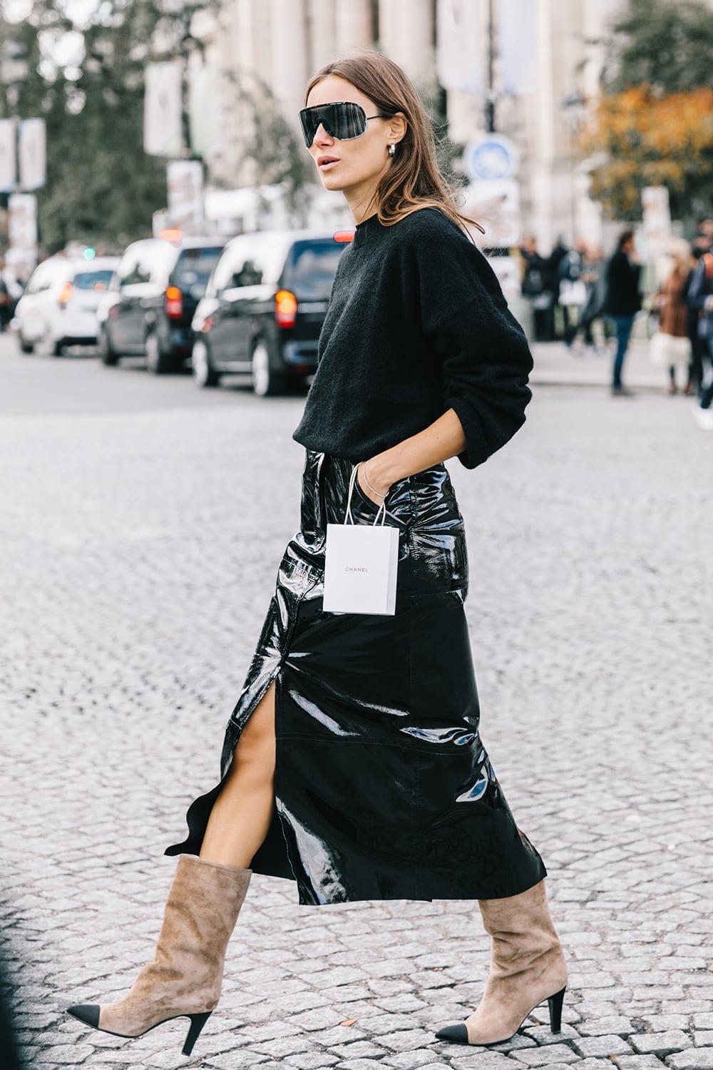 Black Patent Leather Maxi Skirt With Crewneck Sweater Black Patent Leather Maxi Skirt With Crewneck Sweater — Black Skirt Outfit