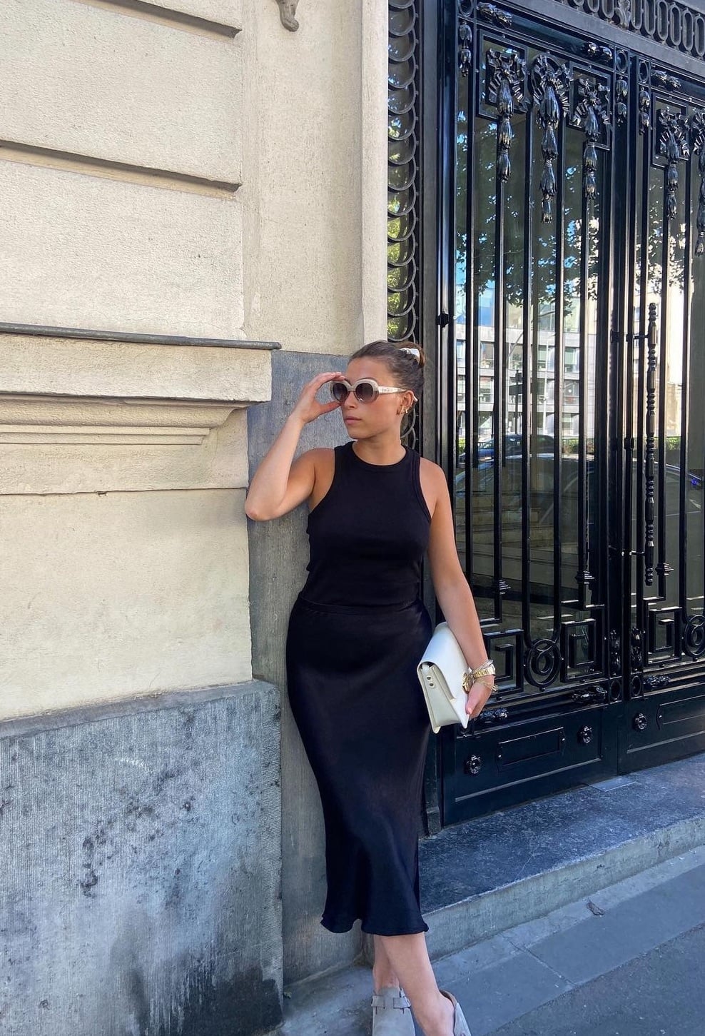 Black Satin Midi Skirt With Sleeveless Tank Top Black Satin Midi Skirt With Sleeveless Tank Top — Black Skirt Outfit
