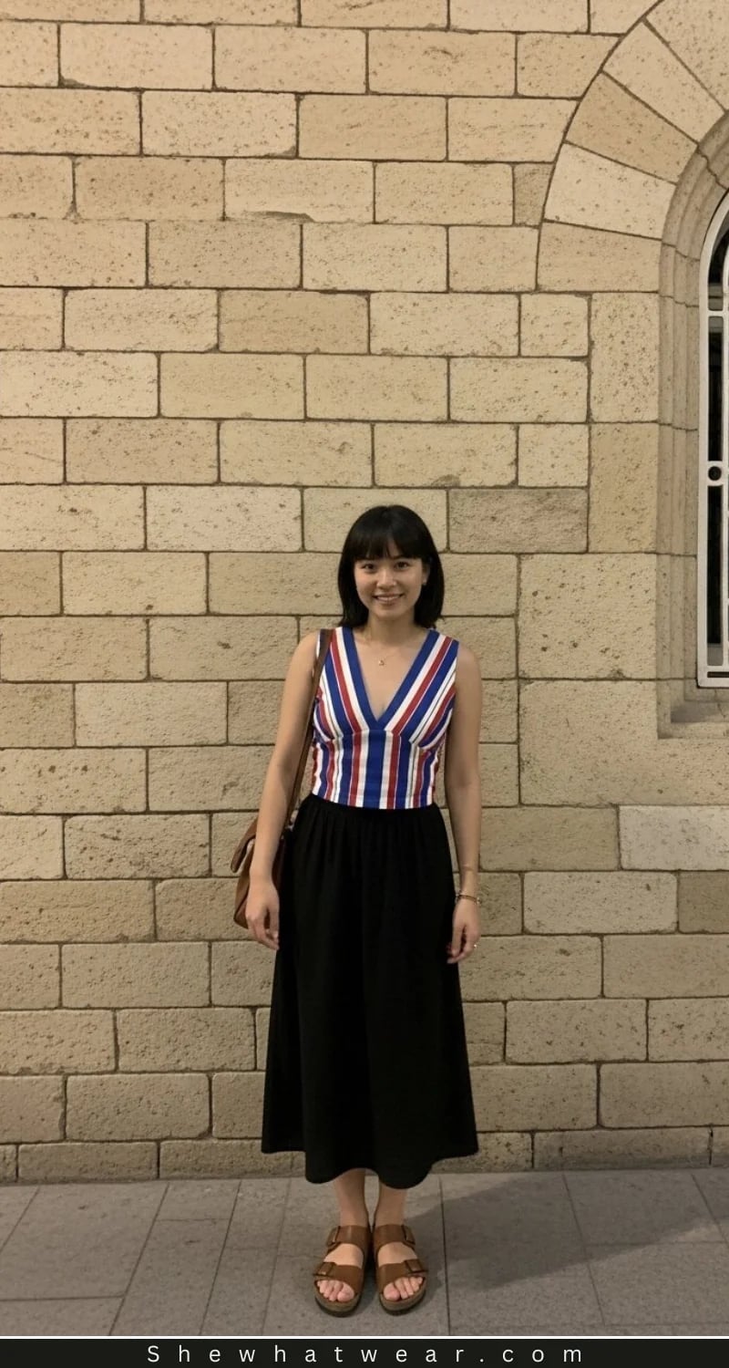 Black A-Line Midi Skirt With Striped Sleeveless Top Black A-Line Midi Skirt With Striped Sleeveless Top — Black Skirt Outfit