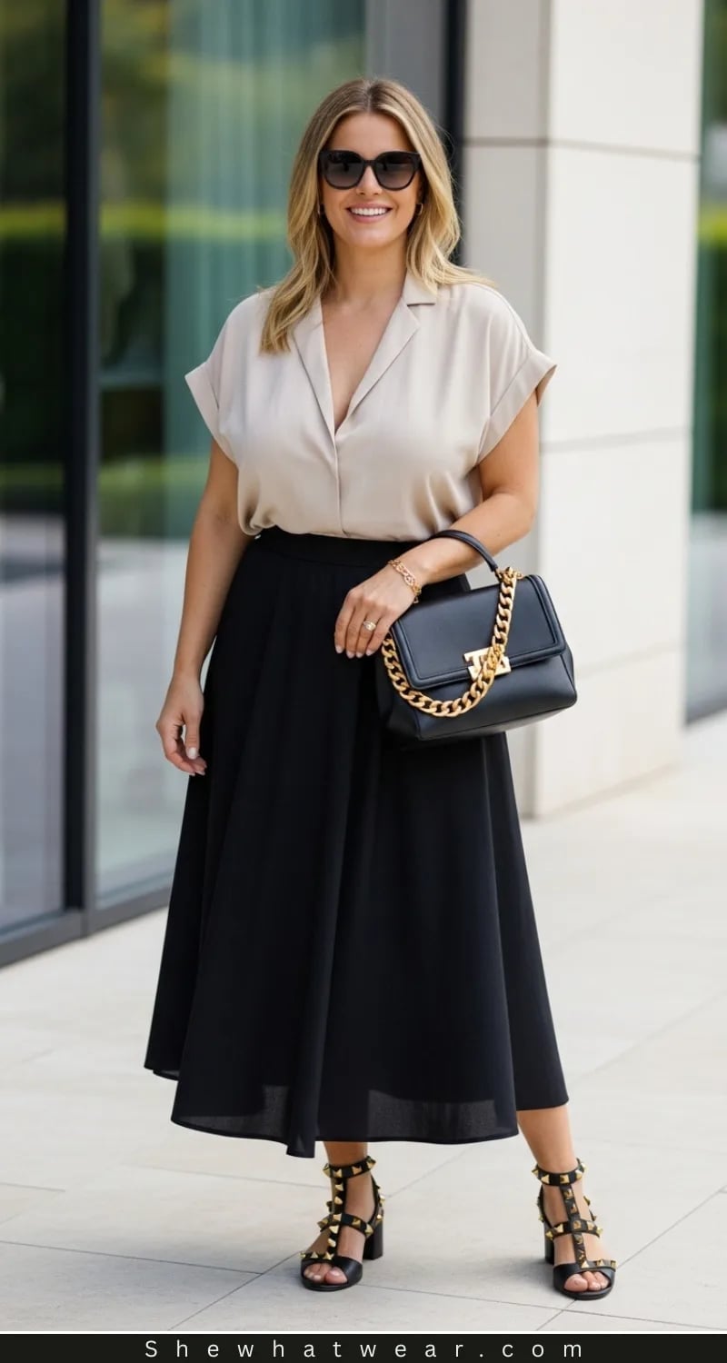 Black A-Line Midi Skirt With Beige Blouse And Studded Heels Black A-Line Midi Skirt With Beige Blouse And Studded Heels — Black Skirt Outfit