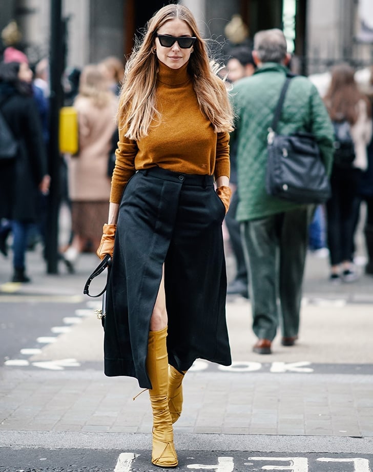Black Wrap Midi Skirt With Brown Turtleneck And Yellow Boots Black Wrap Midi Skirt With Brown Turtleneck And Yellow Boots — Black Skirt Outfit
