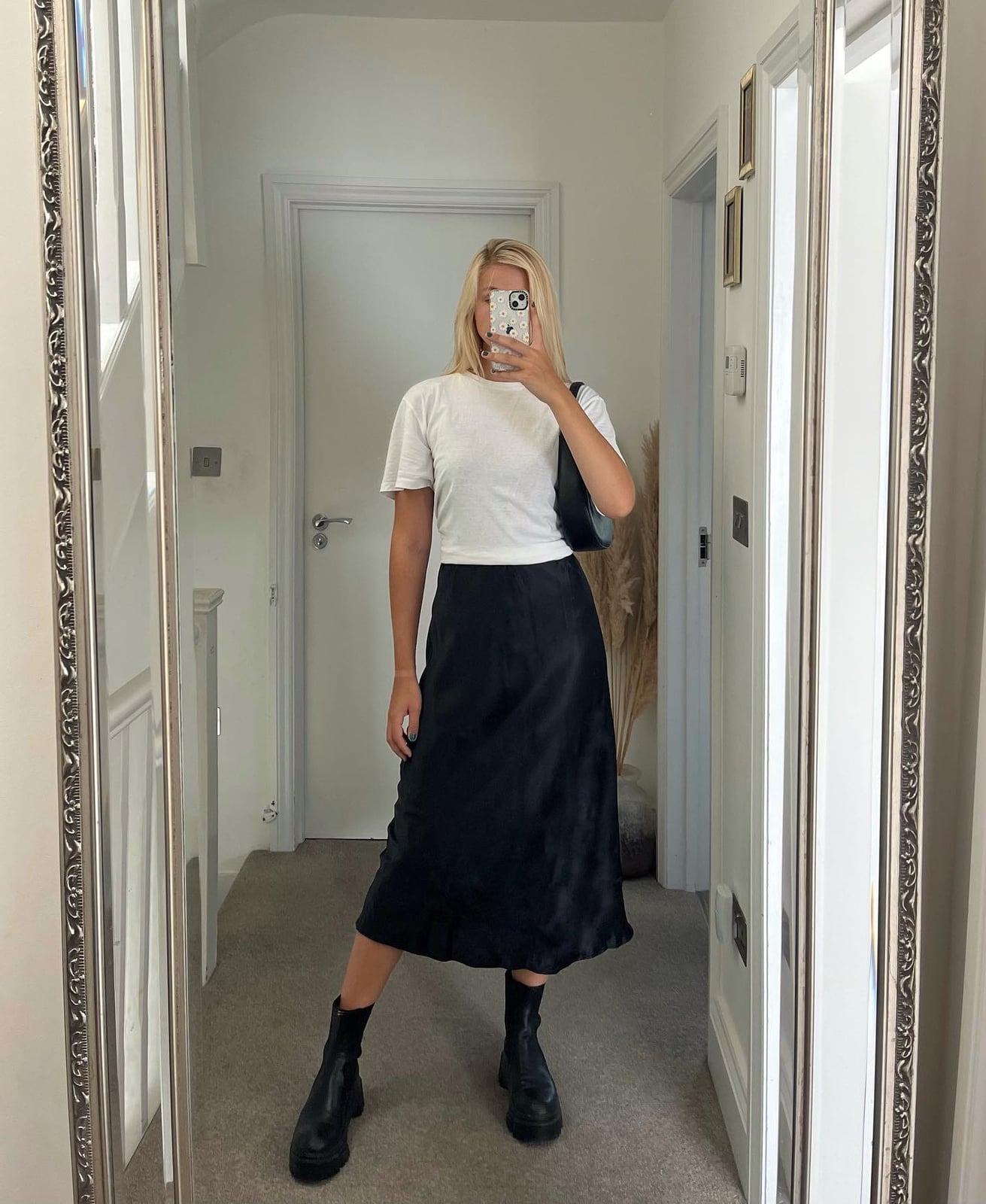 Black Satin Midi Skirt With White T-Shirt And Combat Boots Black Satin Midi Skirt With White T-Shirt And Combat Boots — Black Skirt Outfit