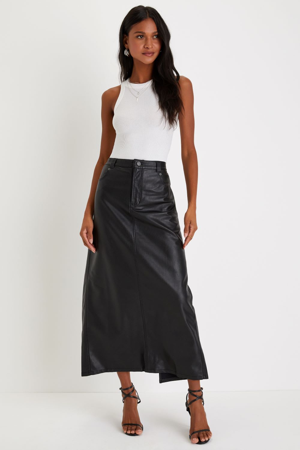 Black Faux Leather A-Line Maxi Skirt With White Tank Top Black Faux Leather A-Line Maxi Skirt With White Tank Top — Black Skirt Outfit