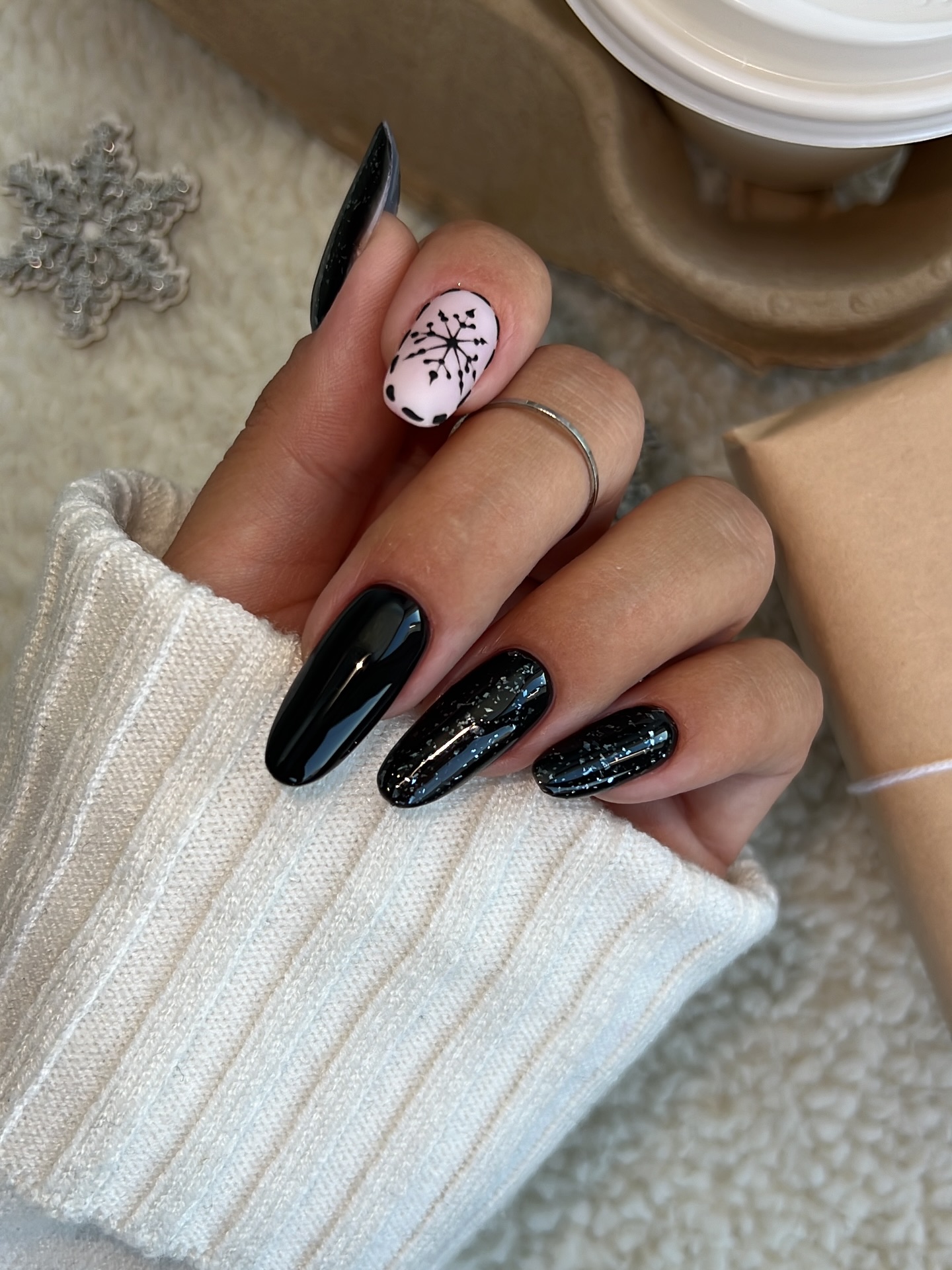 Black Snowflakes on Light Pink and Black Coffin Nails