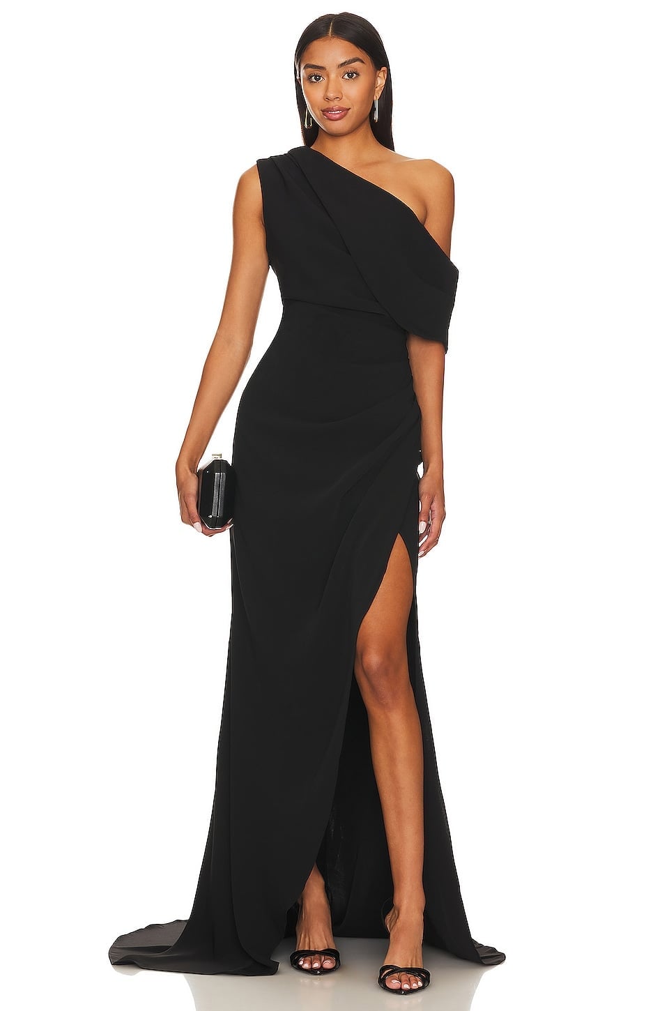 Black crepe one-shoulder gown with high slit Black crepe one-shoulder gown with high slit — Black Tie Dresses
