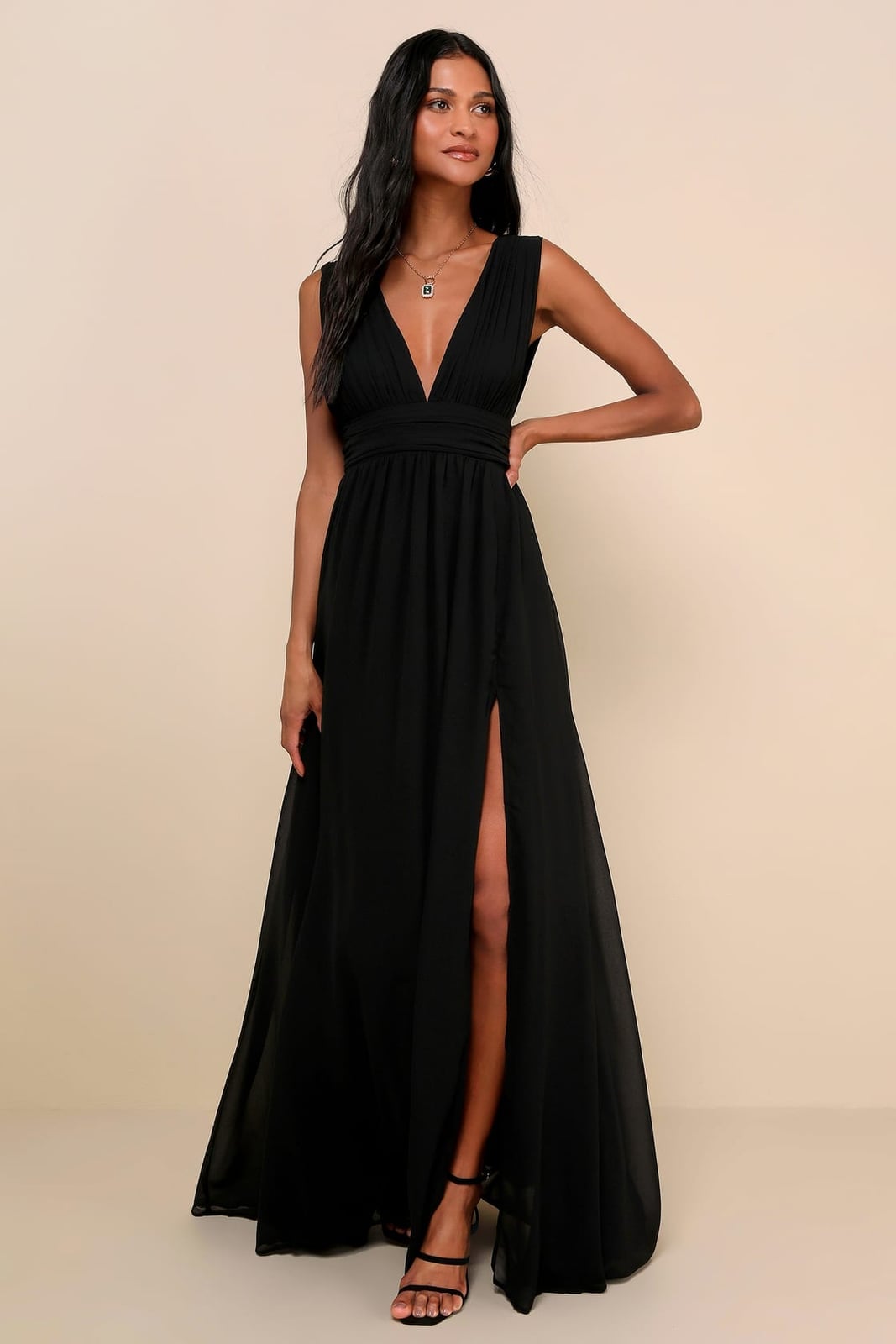 Black chiffon maxi dress with deep V-neck and high slit Black chiffon maxi dress with deep V-neck and high slit — Black Tie Dresses