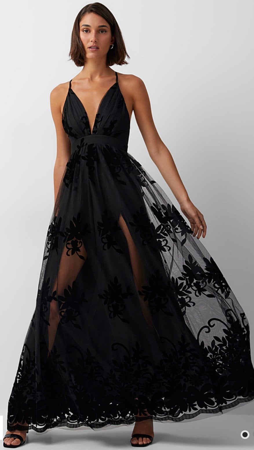 Black tulle maxi dress with velvet appliques and high slits Black tulle maxi dress with velvet appliques and high slits — Black Tie Dresses