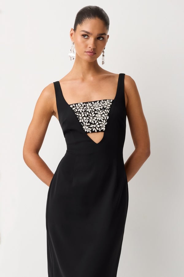 Black crepe dress with embellished cutout detail Black crepe dress with embellished cutout detail — Black Tie Dresses