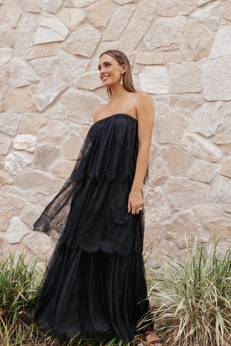 Black lace and tulle tiered dress with strapless neckline Black lace and tulle tiered dress with strapless neckline — Black Tie Dresses